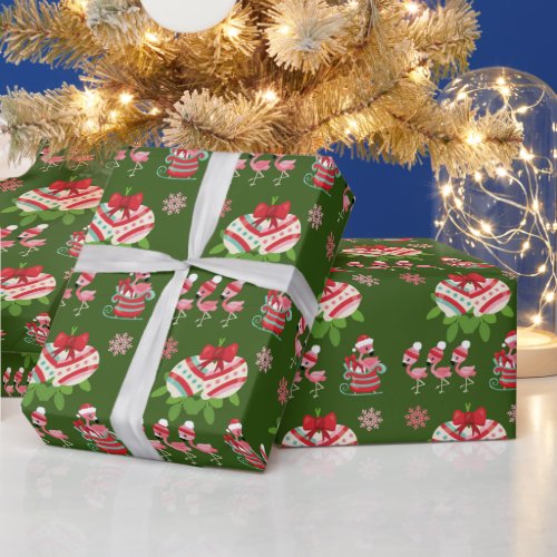Flamingo Santas with sleigh tree decorations Wrapping Paper