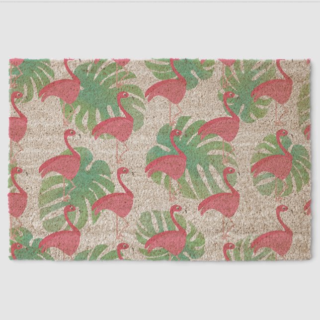 Flamingo Seamless Pattern Pink Monstera Fiber Doormat (Front)
