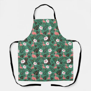 Flamingo seamless pattern pink on green background apron