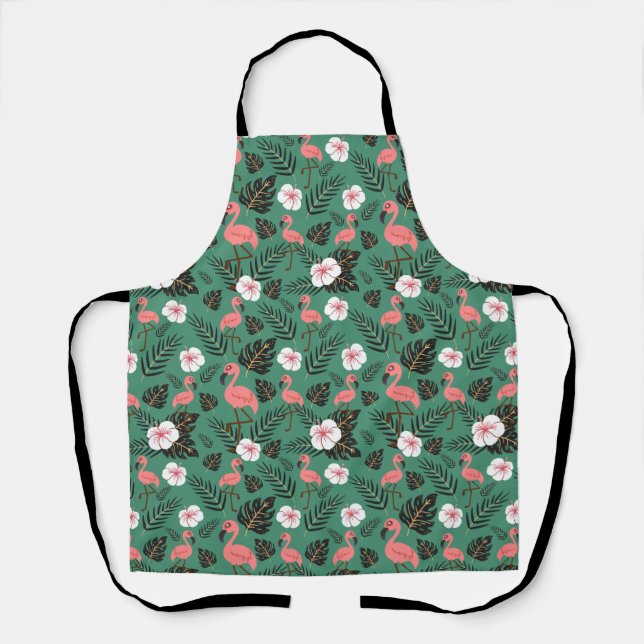 Flamingo seamless pattern pink on green background apron (Front)