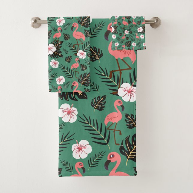 Flamingo seamless pattern pink on green background bath towel set (Insitu)