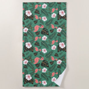 Flamingo seamless pattern pink on green background beach towel