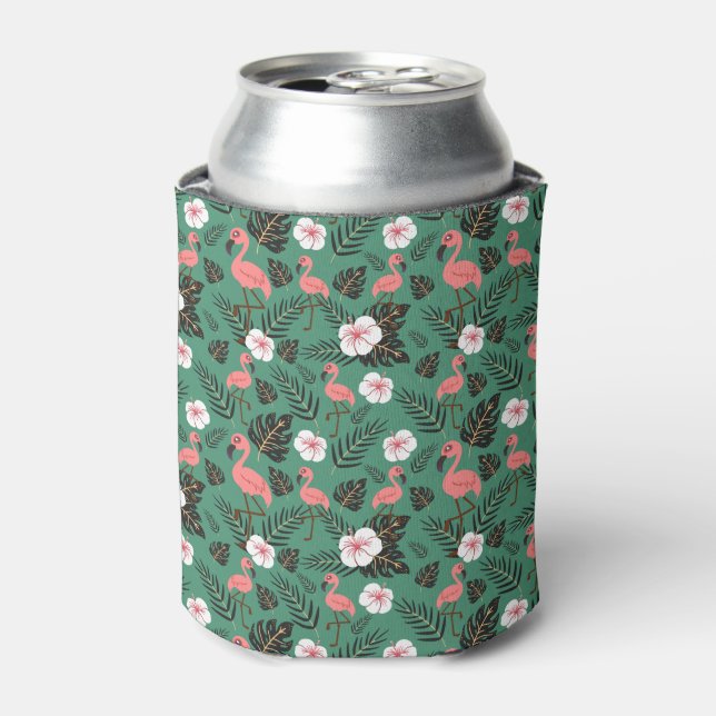 Flamingo seamless pattern pink on green background can cooler (Can Front)
