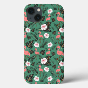 Flamingo seamless pattern pink on green background iPhone 13 case