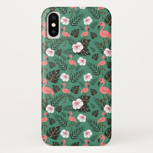 Flamingo seamless pattern pink on green background iPhone x case