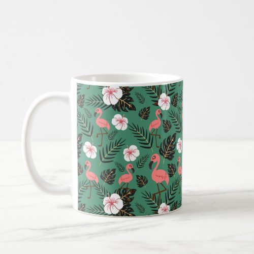 Flamingo seamless pattern pink on green background coffee mug
