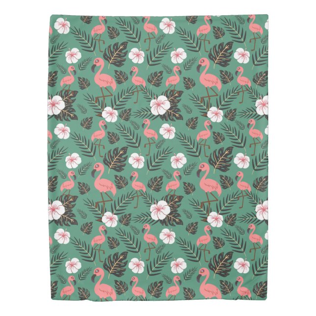 Flamingo seamless pattern pink on green background duvet cover (Front)