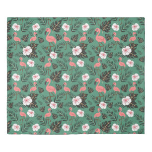 Flamingo seamless pattern pink on green background duvet cover