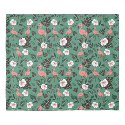 Flamingo seamless pattern pink on green background duvet cover