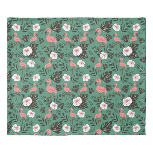 Flamingo seamless pattern pink on green background duvet cover (Front)