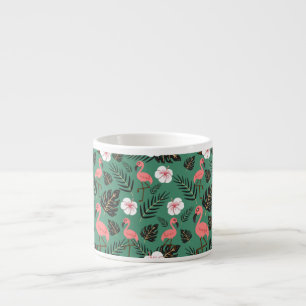 Flamingo seamless pattern pink on green background espresso cup