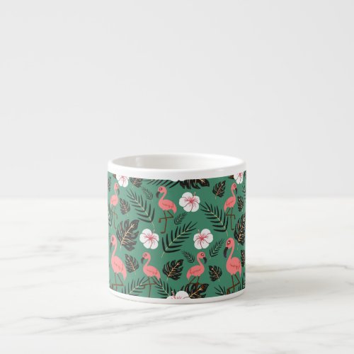 Flamingo seamless pattern pink on green background espresso cup