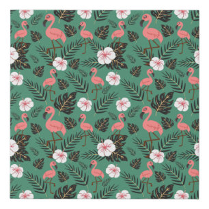 Flamingo seamless pattern pink on green background faux canvas print