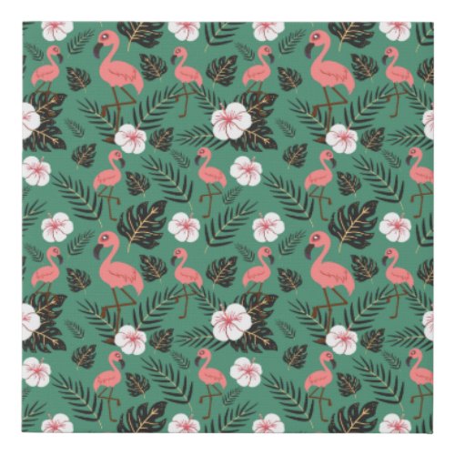 Flamingo seamless pattern pink on green background faux canvas print