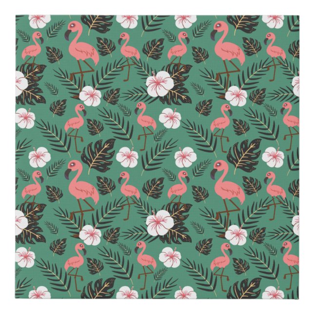 Flamingo seamless pattern pink on green background faux canvas print (Front)