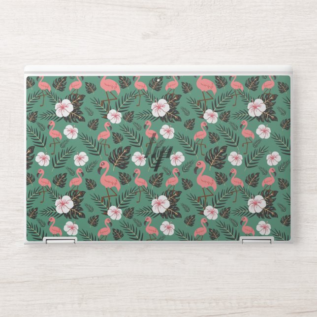 Flamingo seamless pattern pink on green background HP laptop skin (Front)