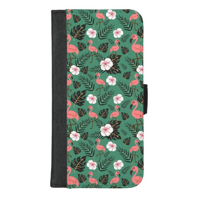Flamingo seamless pattern pink on green background iPhone wallet case (Front)