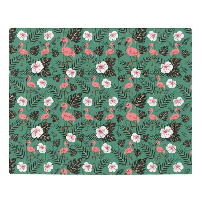 Flamingo seamless pattern pink on green background jigsaw puzzle (Puzzle Horizontal)