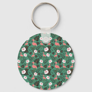 Flamingo seamless pattern pink on green background keychain