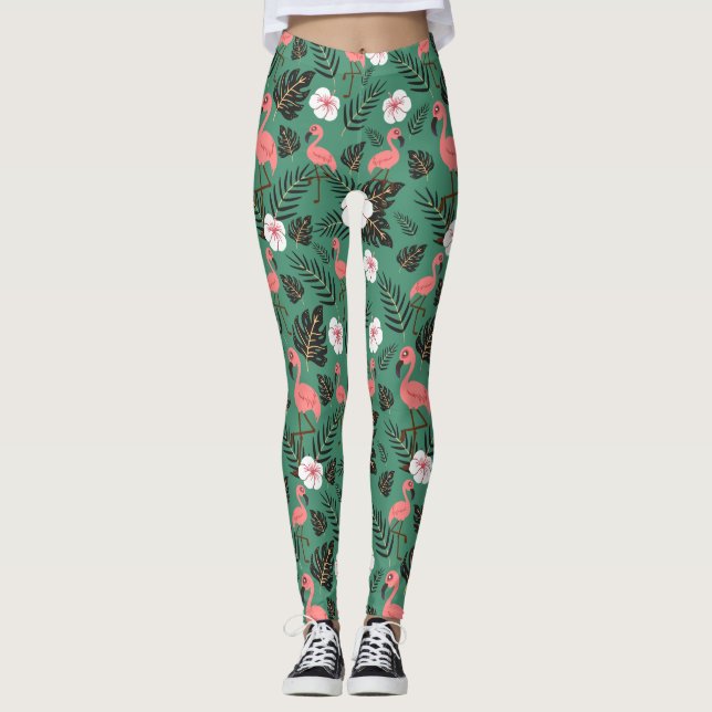 Flamingo seamless pattern pink on green background leggings (Front)
