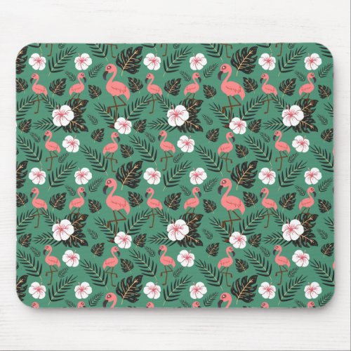 Flamingo seamless pattern pink on green background mouse pad