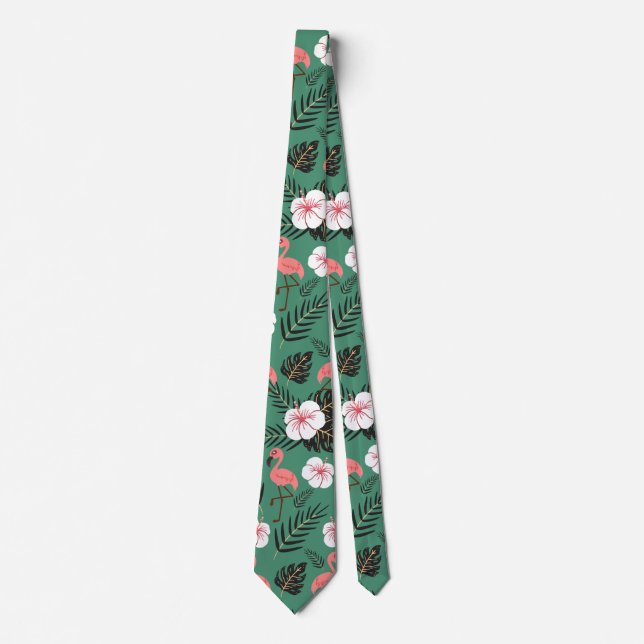 Flamingo seamless pattern pink on green background neck tie (Front)
