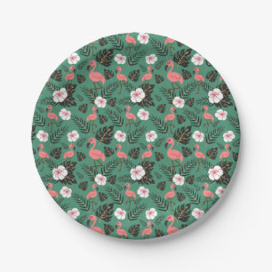 Flamingo seamless pattern pink on green background paper plates