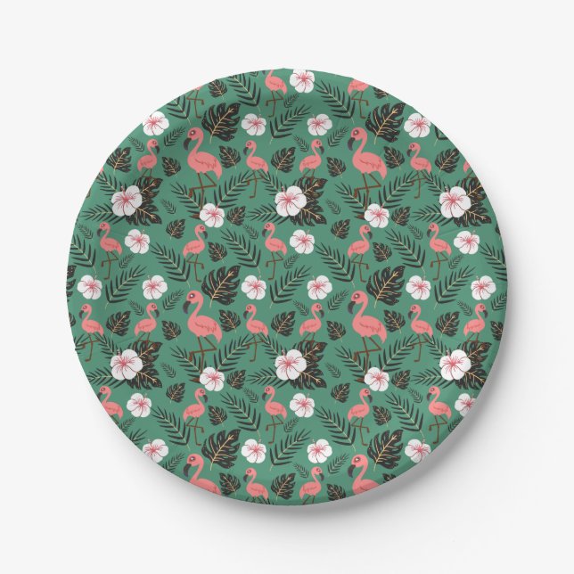 Flamingo seamless pattern pink on green background paper plates (Front)
