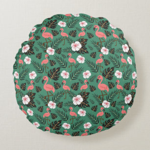 Flamingo seamless pattern pink on green background round pillow