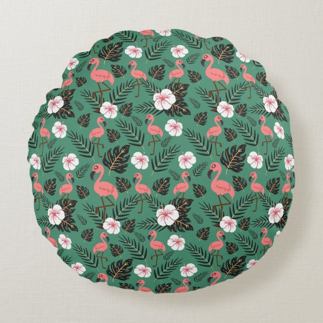 Flamingo seamless pattern pink on green background round pillow (Front)