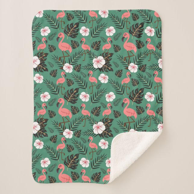 Flamingo seamless pattern pink on green background sherpa blanket (Front)