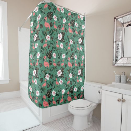 Flamingo seamless pattern pink on green background shower curtain