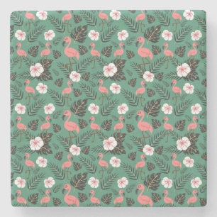 Flamingo seamless pattern pink on green background stone coaster