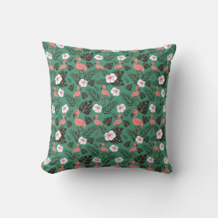 Flamingo seamless pattern pink on green background throw pillow