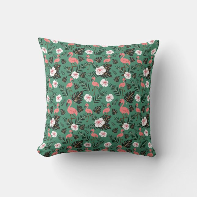 Flamingo seamless pattern pink on green background throw pillow (Front)