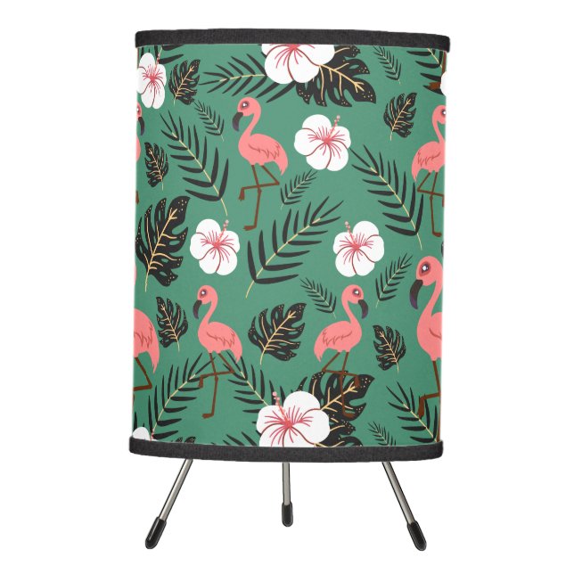 Flamingo seamless pattern pink on green background tripod lamp (Front)