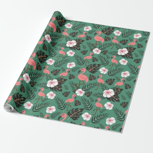 Flamingo seamless pattern pink on green background wrapping paper