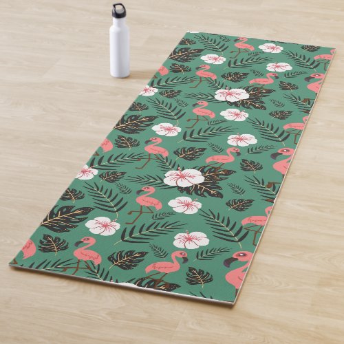 Flamingo seamless pattern pink on green background yoga mat