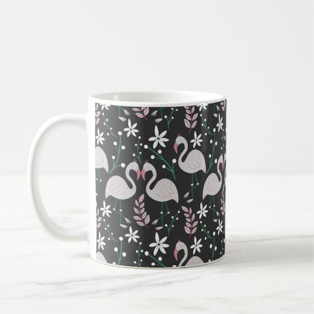 Flamingo seamless pattern white on dark background coffee mug (Left)