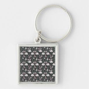Flamingo seamless pattern white on dark background keychain