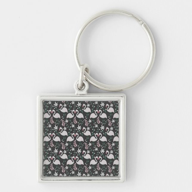 Flamingo seamless pattern white on dark background keychain (Front)