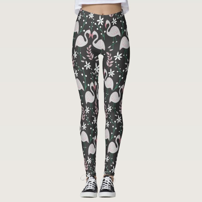 Flamingo seamless pattern white on dark background leggings (Front)