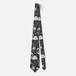 Flamingo seamless pattern white on dark background neck tie