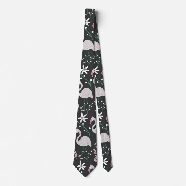 Flamingo seamless pattern white on dark background neck tie (Front)