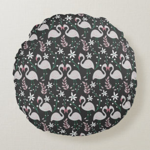 Flamingo seamless pattern white on dark background round pillow