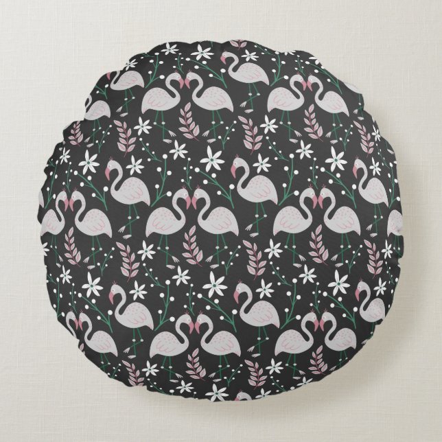 Flamingo seamless pattern white on dark background round pillow (Front)
