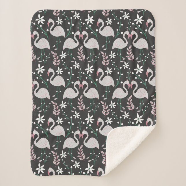 Flamingo seamless pattern white on dark background sherpa blanket (Front)