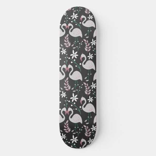 Flamingo seamless pattern white on dark background skateboard (Front)