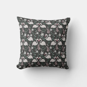 Flamingo seamless pattern white on dark background throw pillow