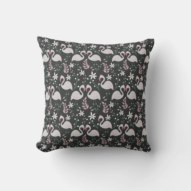 Flamingo seamless pattern white on dark background throw pillow (Front)